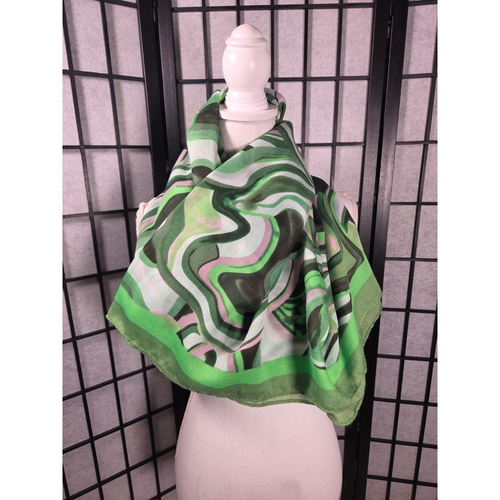 Green Psychedelic Swirl Scarf Pink Abstract Print Lightweight Eyelash Fringe